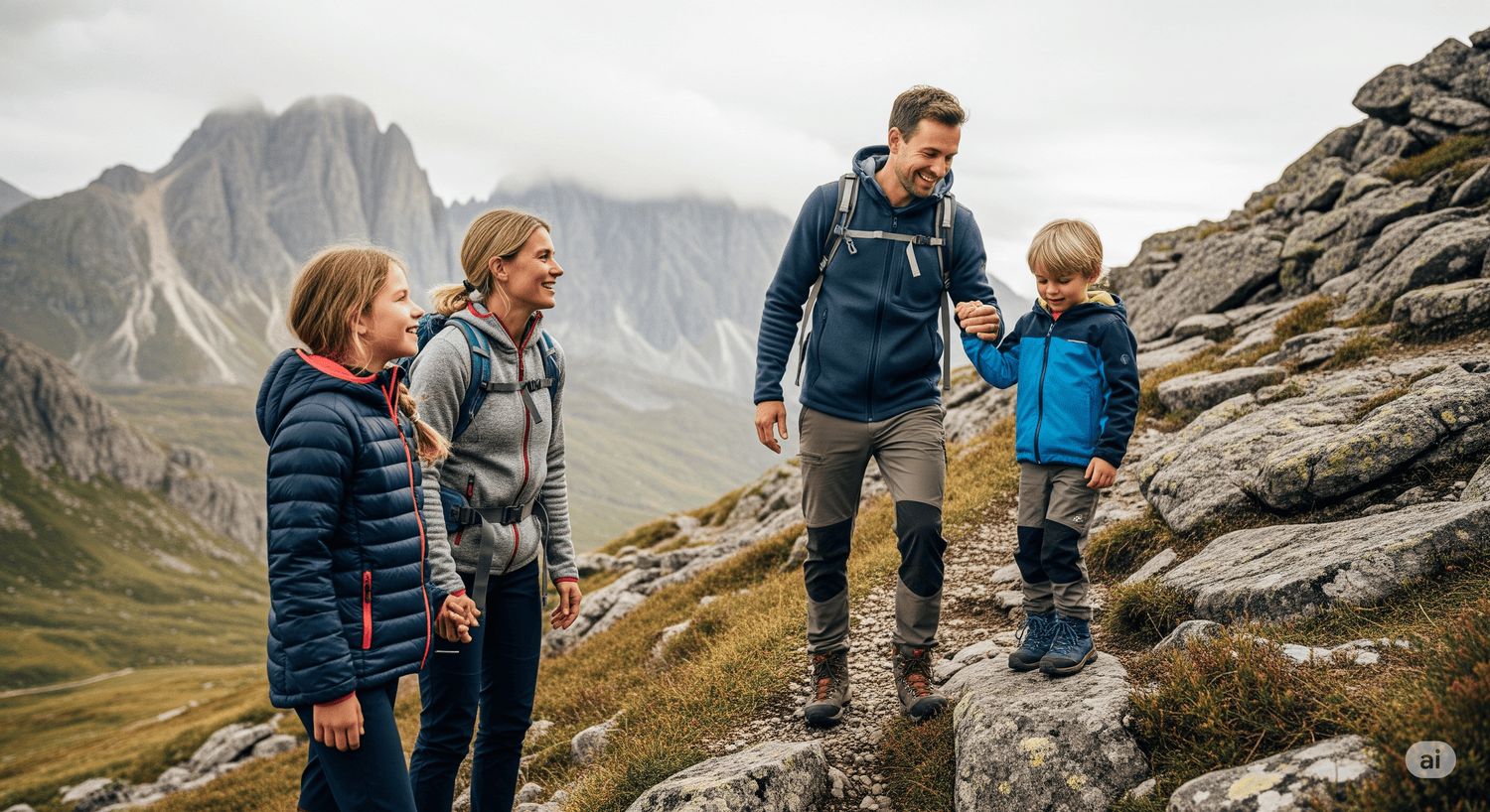 Young family on a mountain trail