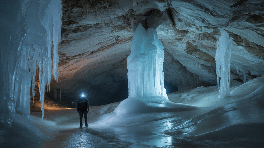 Interior of Scărișoara Ice Cave with massive ice formations.
