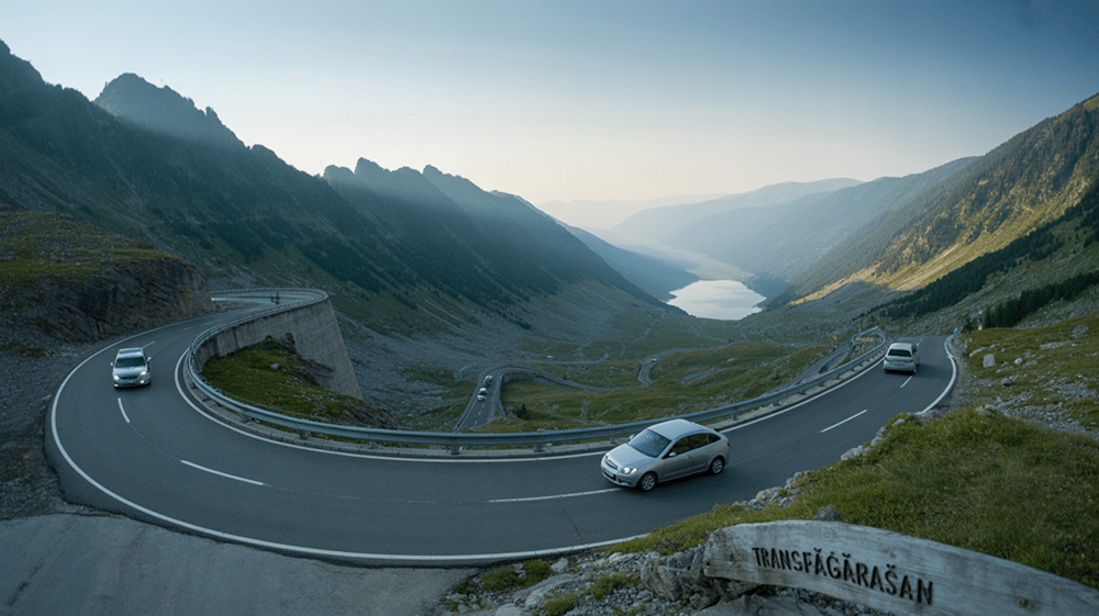 Drumul Transfăgărășan cu lacul Bâlea în fundal