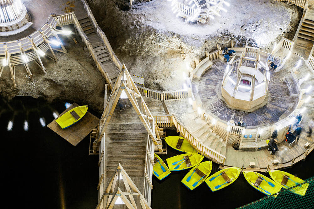 Salina Turda’s Mina Terezia feels like a Sci-Fi set—row a boat deep underground.